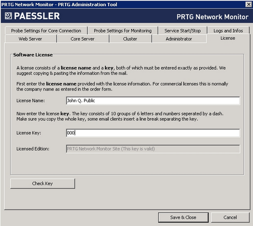 PRTG Administration Tool: License