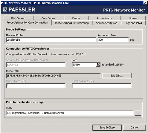 PRTG Administration Tool: Probe Settings for Core Connection